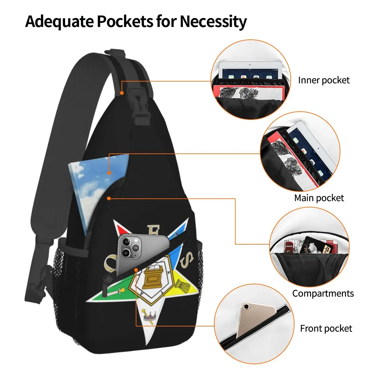 Order of The Eastern Star OES Crossbody Sling for Women Men Sling Backpack Resistant Shoulder Bag Anti Thief Chest Bag Daypack