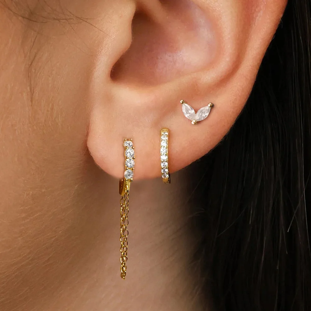 3PCS Classic 18K Gold Plated Zircon Chain Hoop Earrings Set For Women Gothic Chic Gold Color Earring Luxury Jewelry Accessories