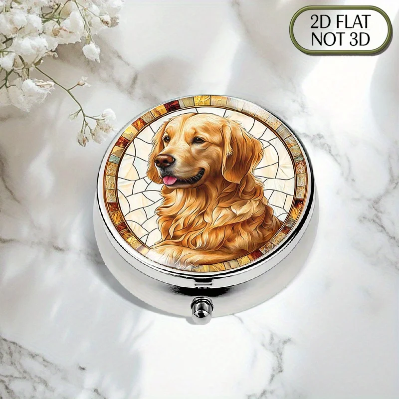 1pc flat portable round metal pill box, featuring a detailed and luminous golden retriever design in colored glass, ideal for daily medication storage. This multifunctional box is perfect for storing vitamins, organizing small items, and more