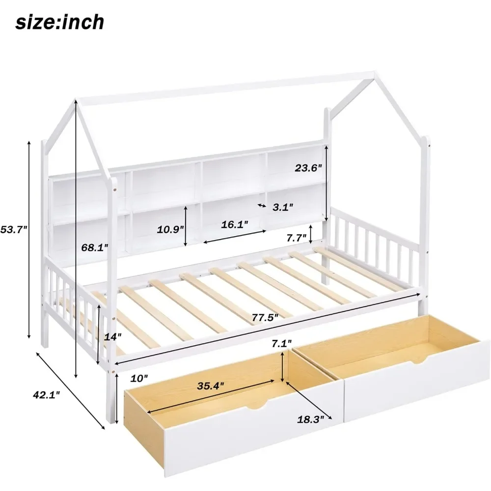 Cama doble para casa, estructura de cama infantil de madera con cajones y estructura para techo de casa, cama doble para niños con estante de almacenamiento y soporte de listones