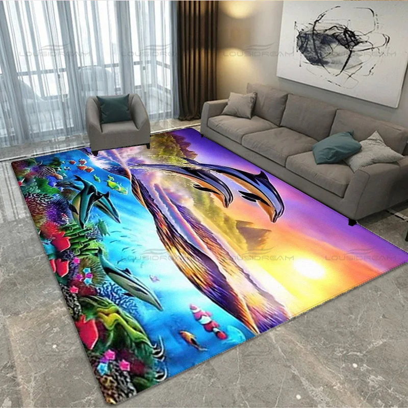 Square Flannel Dolphin Art Painting Carpet Sea Animal Pattern Decorative Carpet Modern Home Living Room Floor Mat Bedroom Rug