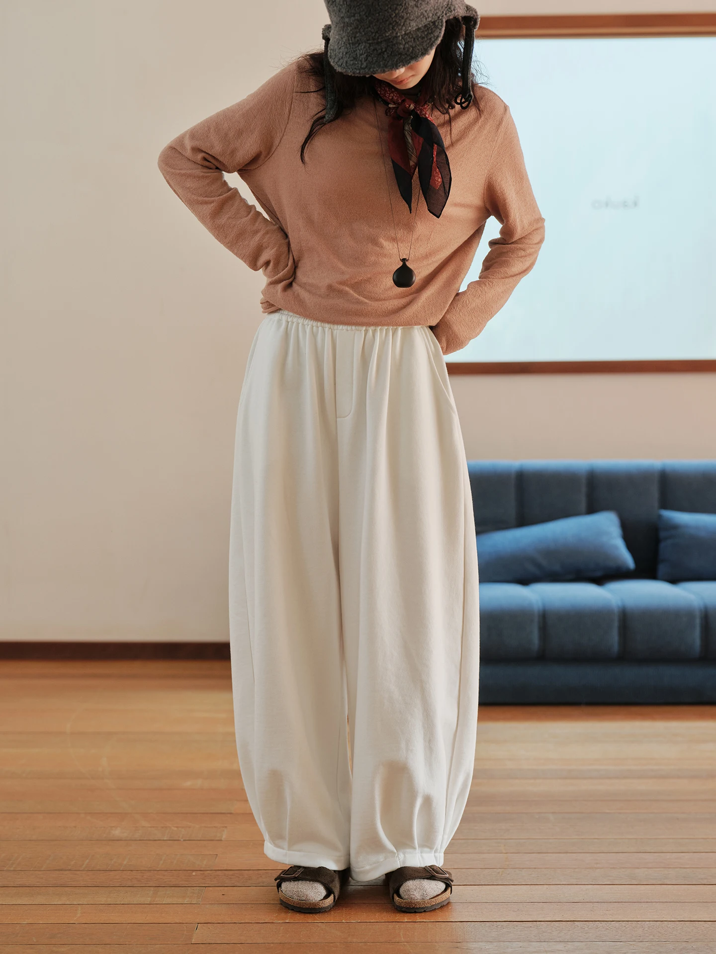 

Thiened Fce Women's Cotton Balloon Pants l Waist Elastic Closure Warm Casual Sle Pants in Winter Collection