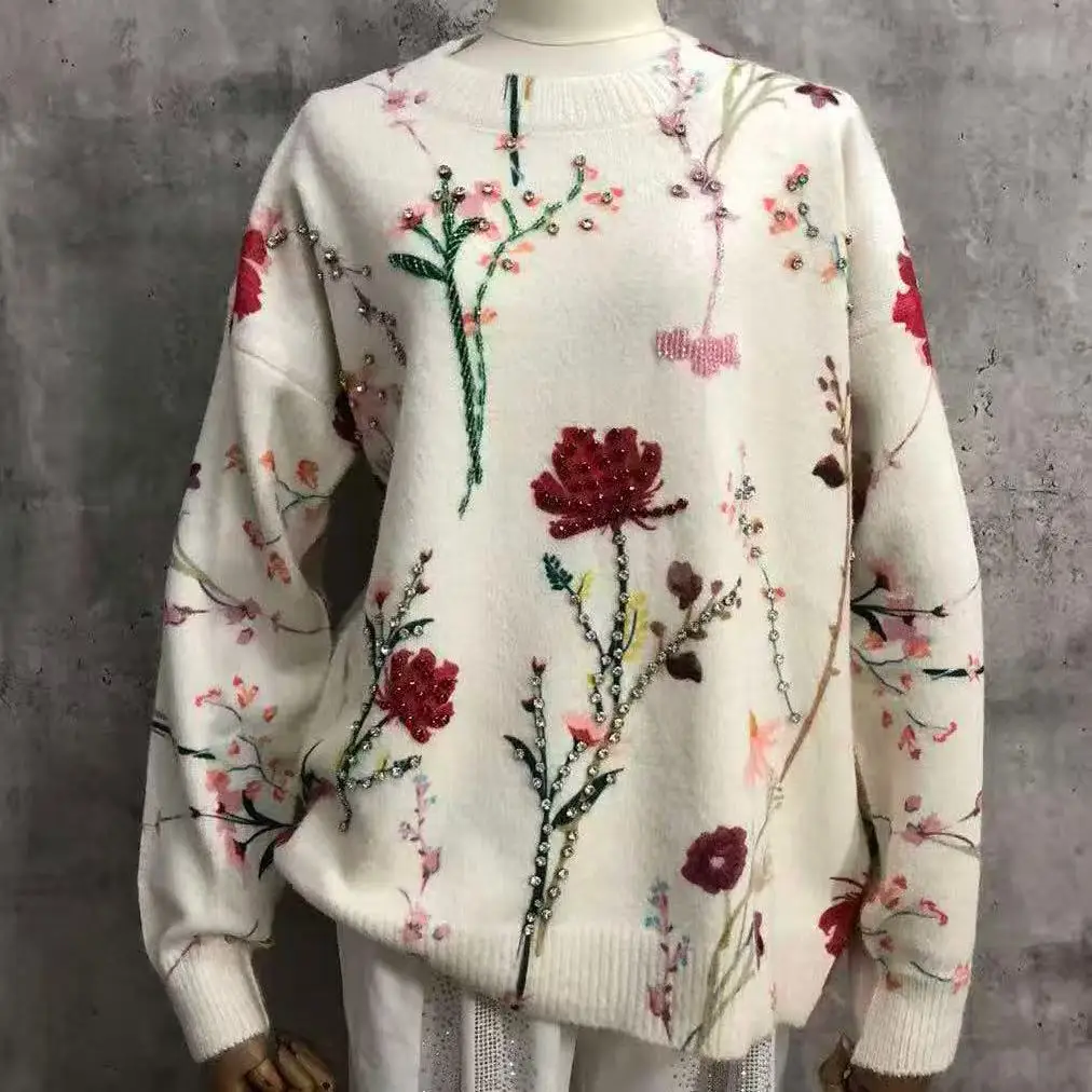 High-end Sparkle Diamonds Flowers Printed Sweater Women\'s Autumn Winter Clothes New Trend Outerwears Knitted Pullover pull femme