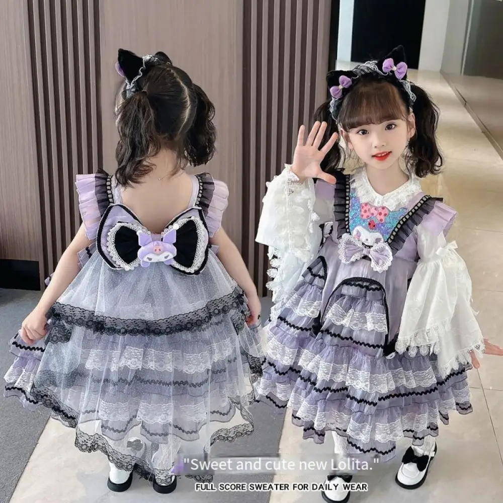 

Kawaii Sanrio Kuromi Girls Lolita Dress Sweet Girly Lace Princess Dress Cartoon Pleated Dress Autumn Winter Children's Clothing