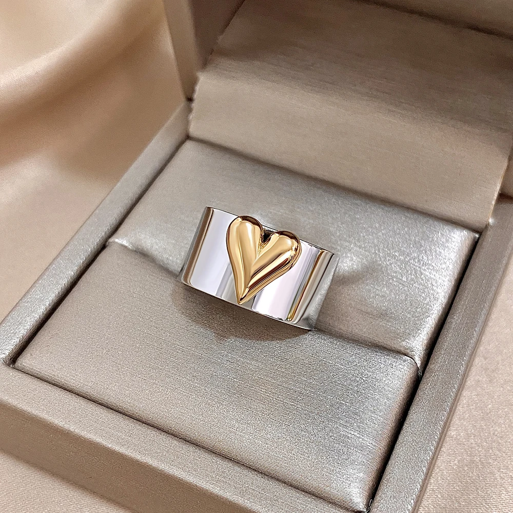 Greatera Stainless Steel Heart Pattern Cuff Ring For Women Men Tide Wide Thick Personality Exaggerated European American Jewelry