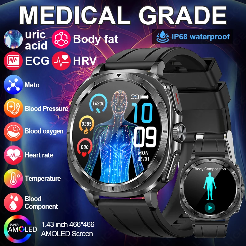 

2025 New Medical Grade Smart Watch Men Uric Acid Blood Fat Monitor AMOLED Screen Bluetooth Call NFC Sports Health Smartwatch Man