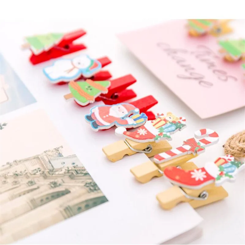 10PCS/BAGS Christmas Wooden Clip Photo Cute Cartoon Colored Clip Creative with Hemp Rope Photo Wall