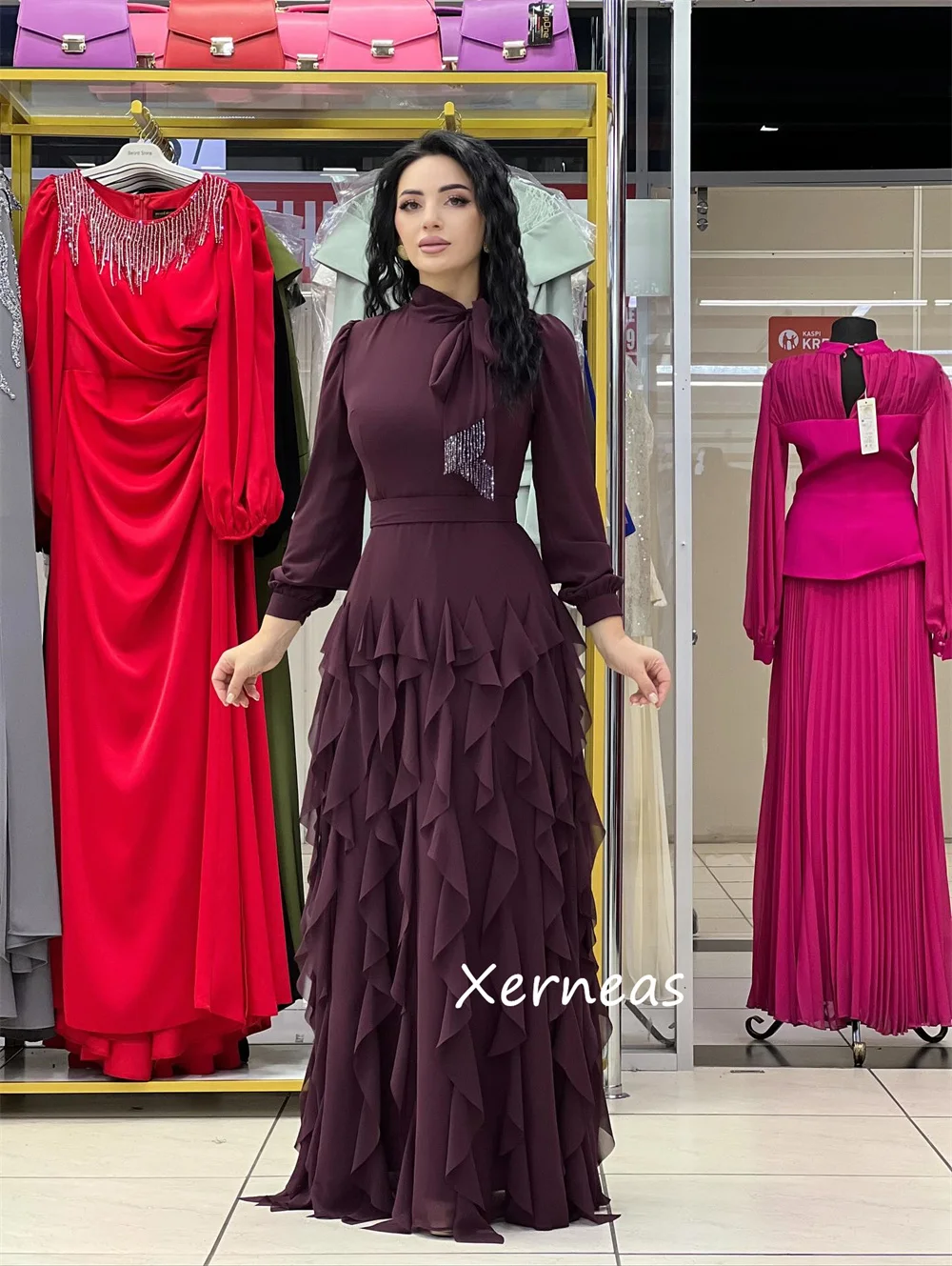 Customized Formal Chiffon Sequined Bow Pleat A-line High Collar Long Dresses Bespoke Occasion Party Sparkle Unisex image 3