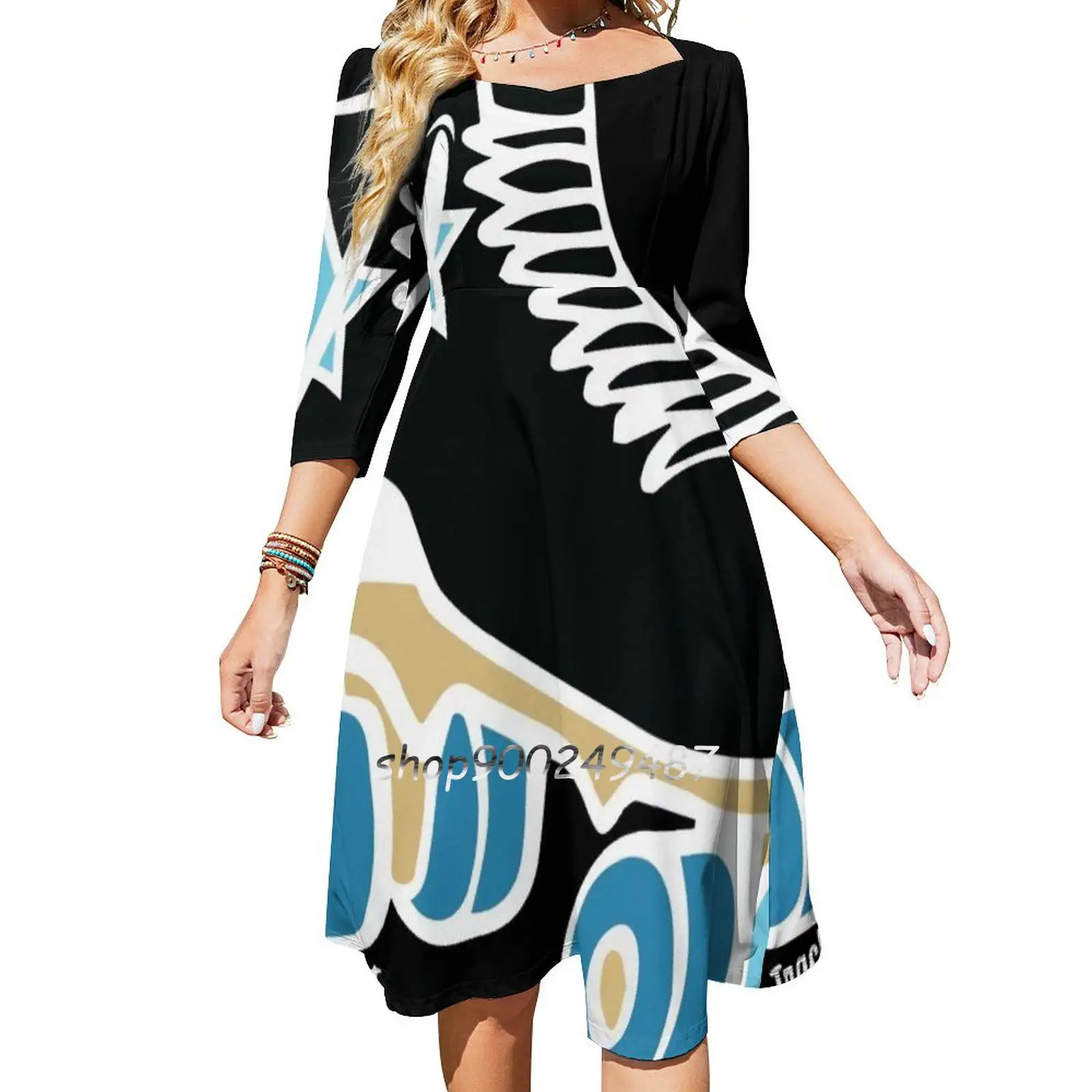 Black And Blue Retro Roller Skate Flare Dress Multiple styles Print Dress Short and Long Sleeve Dress Roller Derby Skate Roller