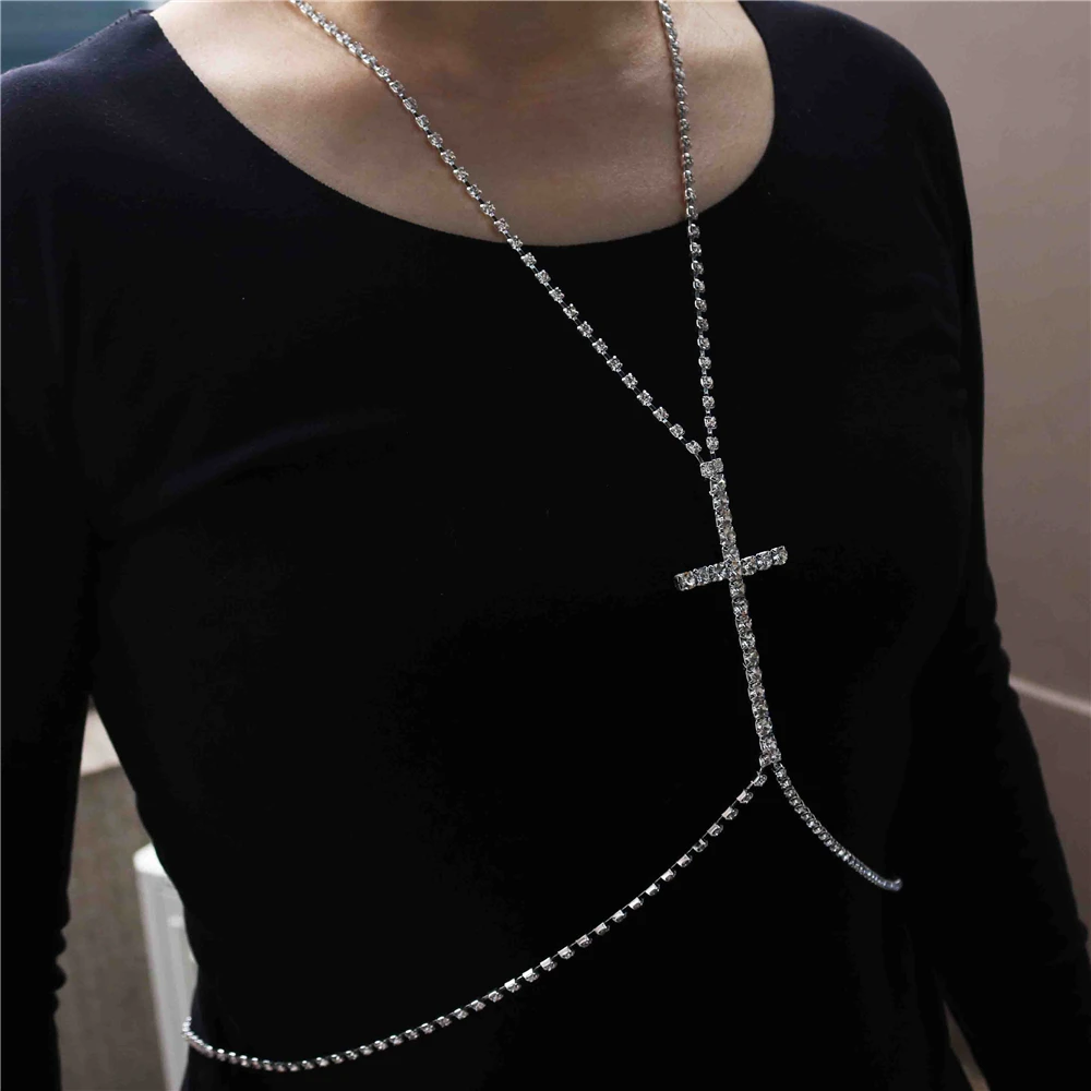 Fashion Simple Rhinestone Chest Chain Necklace for Women Sexy Crossover Crystal Bikini Waist Chain Body Jewelry Accessories