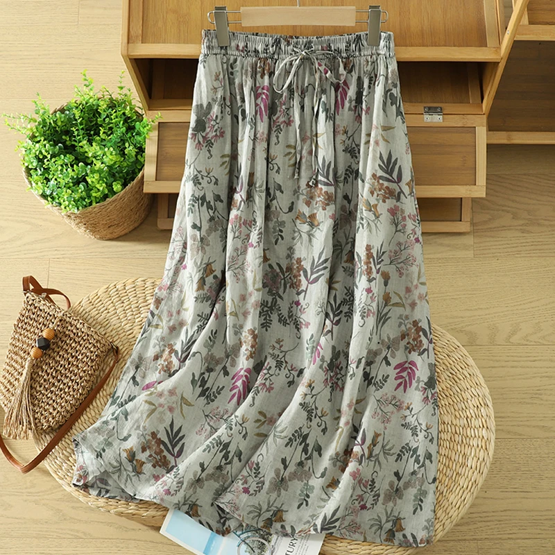 

Spring Summer Floral Print Half Skirt Women's Lightweight Breathable A-Line Long Skirt Casual mid Waist Cotton Skirt