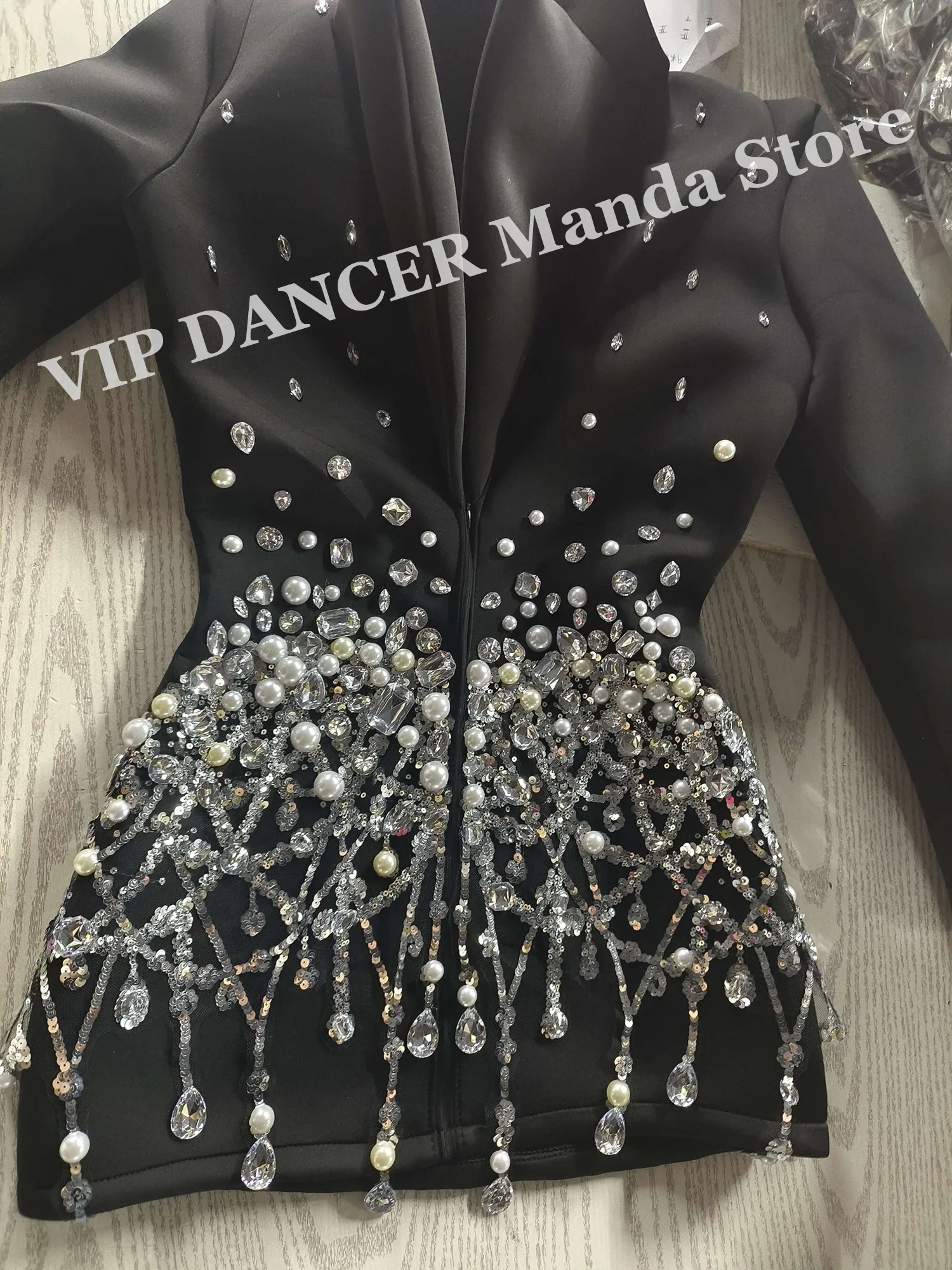 Black Rhinestone Slim Dress Pearl Stand Shoulder Suit Drag Queen Costume Singer Performance Wear Birthday Party Dress