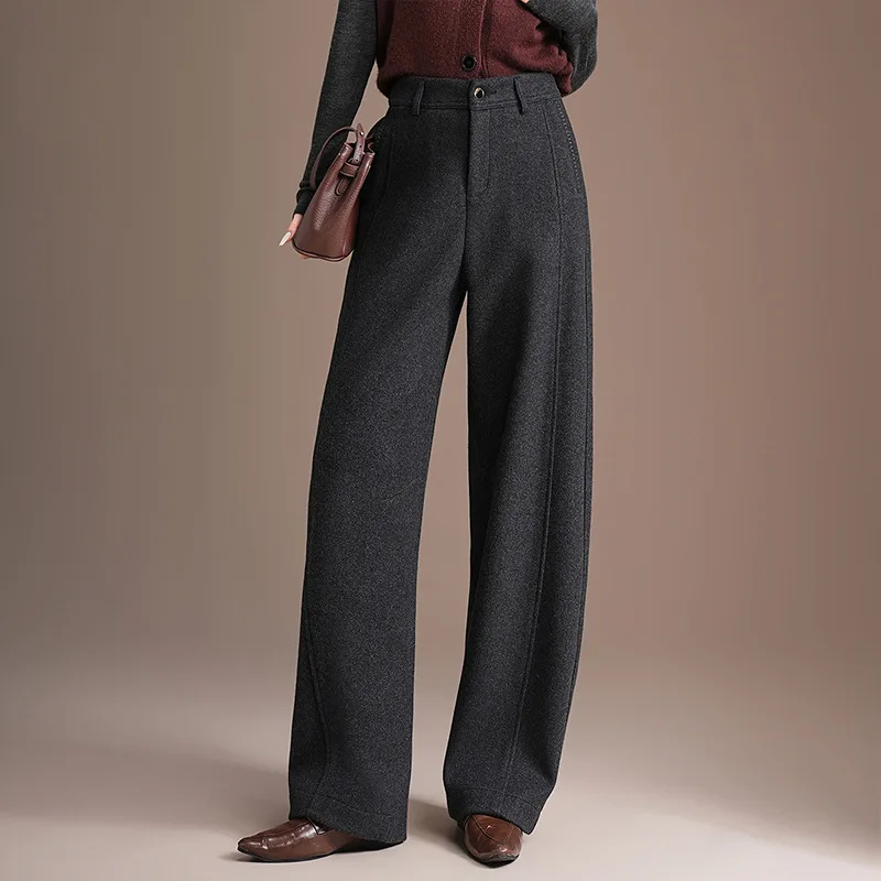

Gray Pants for Women, and Winter Trendy Draped Floor-Length Suit Pants, Woolen Straight-Leg Pants