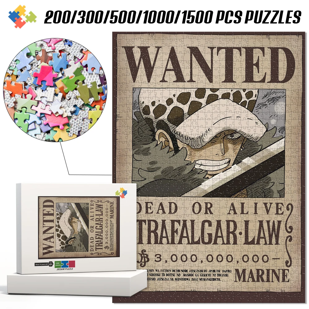 

Trafalgar Law One Piece Wanted Bounty Jigsaw Puzzles 200-1500 Pieces Anime Poster Puzzles Brain Teaser Game Gift for Adults Fun