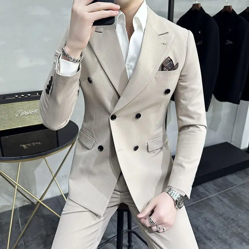 Gaijia quatro estações grosso e fino terno trespassado masculino estilo coreano fino-ajuste elegante pequeno terno de negócios high-end