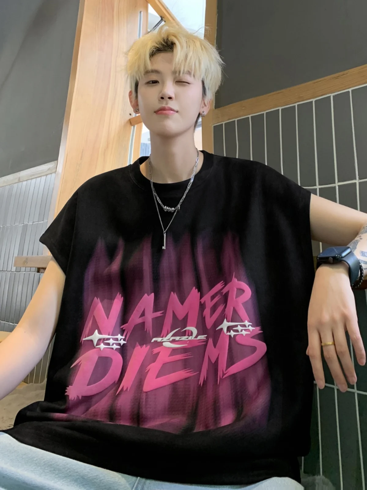 

Heavyweight Suede Vest Men's Summer American High Street Baskeall Sport Svel T-irt Teenage Sweatirt oulder Pad