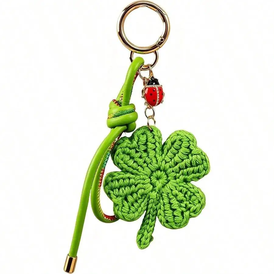 

Crochet Four Leaf Clover Keychain With Ladybug Charm For Women Handbags