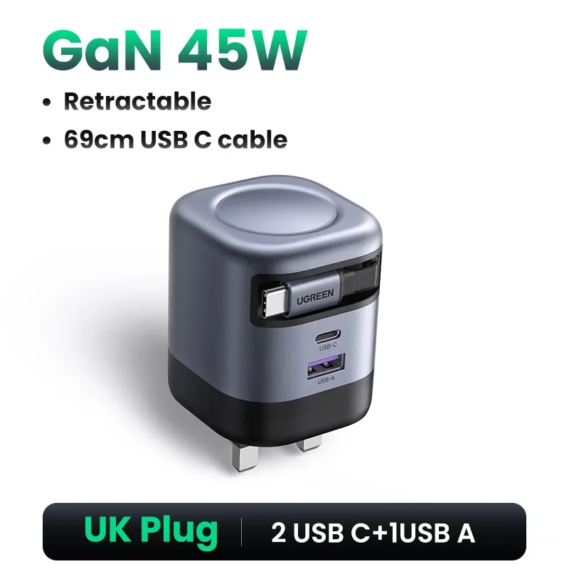 UGREEN 100W GaN-oplader met intrekbare USB C-kabel UFCS PPS PD snellader voor laptop Macbook Pro iPad tablet iPhone Samsung