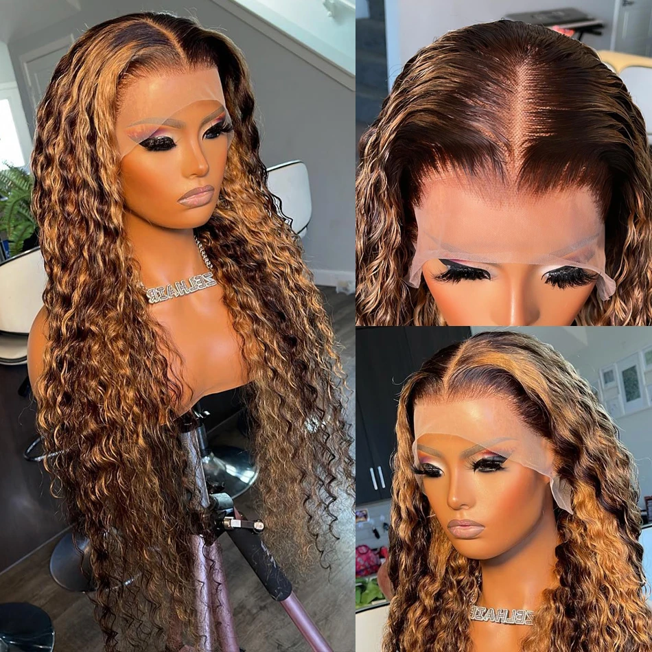 Wiggogo Curly Colored Highlight Wig Human Hair Deep Wave 13X6 Hd Lace Frontal Wig 13X4 4/27 Ombre Brown Blonde Lace Front Wigs image 5