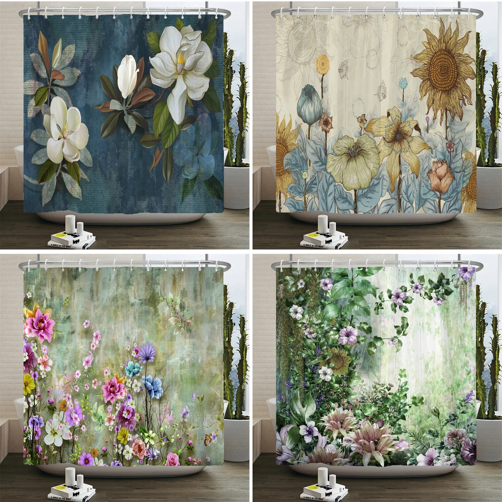 

Retro Flowers Printing Shower Curtain Leaves Plant Polyester Waterproof Bathroom Curtain Home Decoration Curtain with 12 Hooks