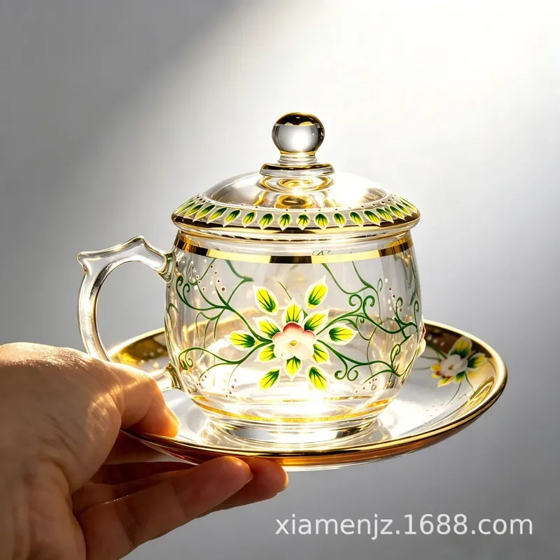 Luxury Crystal Teacup with Lid Floral Pattern Glass Tea Cup Set for Office Home High End Drinking Ware Elegant Gift Idea