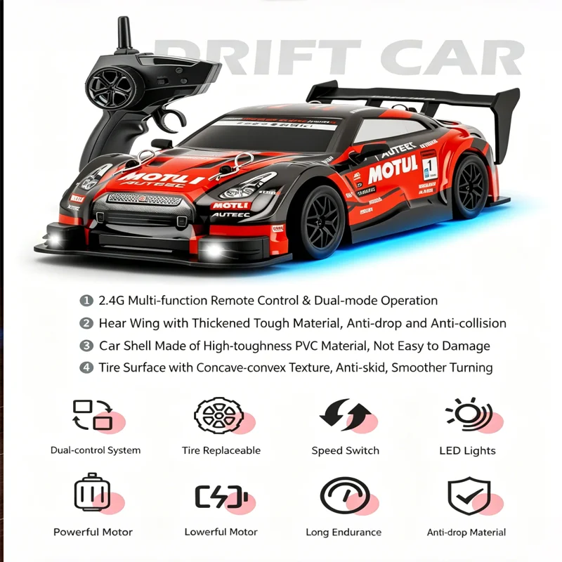 2.4G Remote Control Racing Car 1:24 Scale 4WD High Speed Drift RC Car 20KM/H Replaceable Tires Electric Hobby Toy for Boys Gifts
