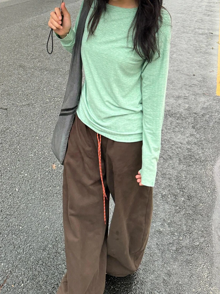 PBAP sznurkiem jednolita, na co dzień szerokie spodnie damskie kieszenie w pasie bawełniane podkowy spodnie oversize Vintage Y2k Streetwear