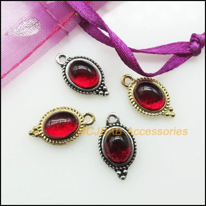 15 New Oval Charms Red Wheel Glaze Pendants Tibetan Silver Plated & Gold Color Connectors 9x17mm