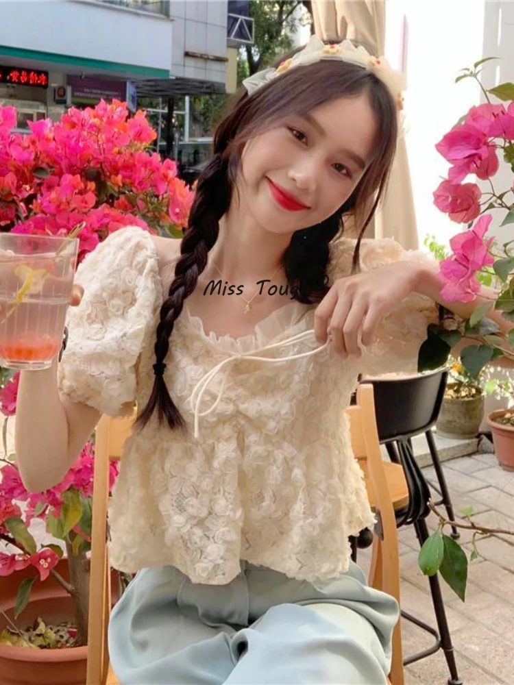 Elegant Sweet Kawaii Blouse Summer France Chic Cute Blouse Female Holiday Korean Style Puff Sleeve Fashion Tops Casual 2022 New
