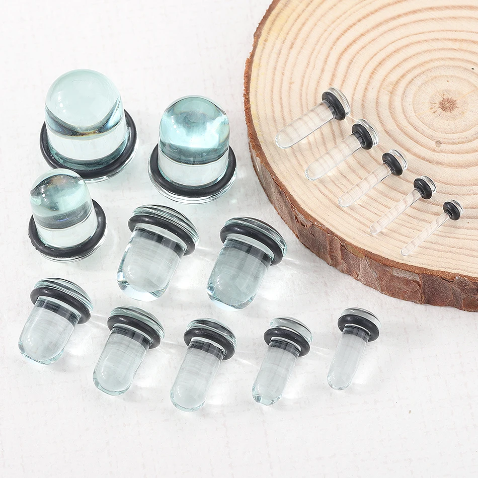 2pcs 1.6-16mm Glass Ear Gauges Stretching Kit Short Taper Expander Ear Tunnels and Plugs with Rubber Rings Piercing Jewelry