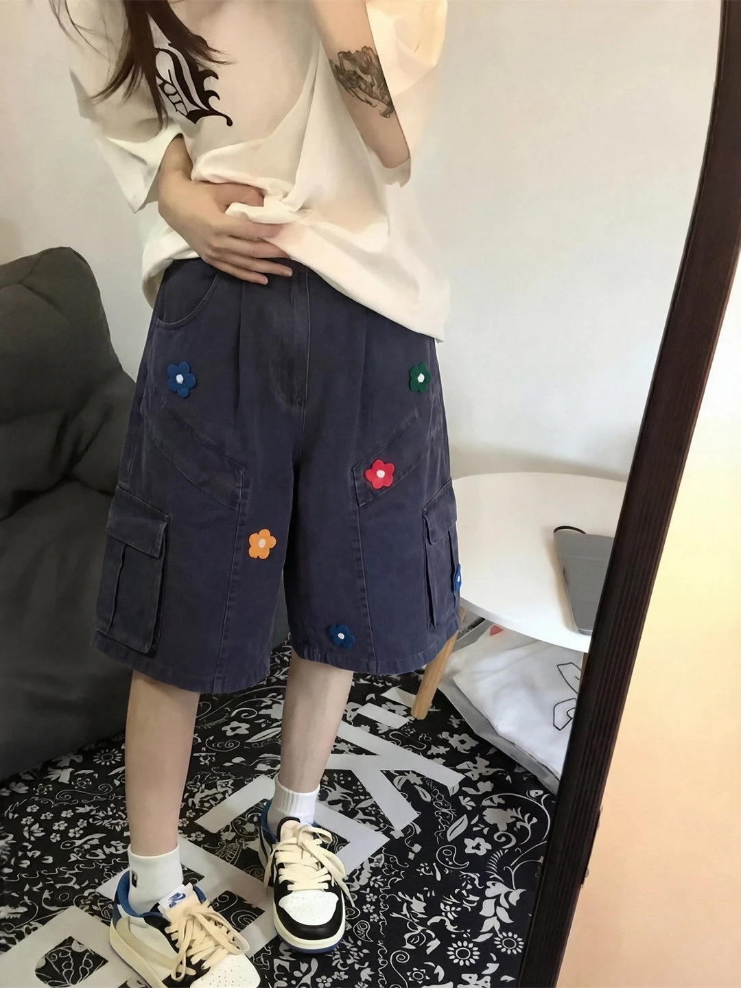 

Ladies Summer Casual Wide Leg Jeans Pants High Waist Loose Fit Embroidered Floral Workwear Trousers plus Size Comfortable