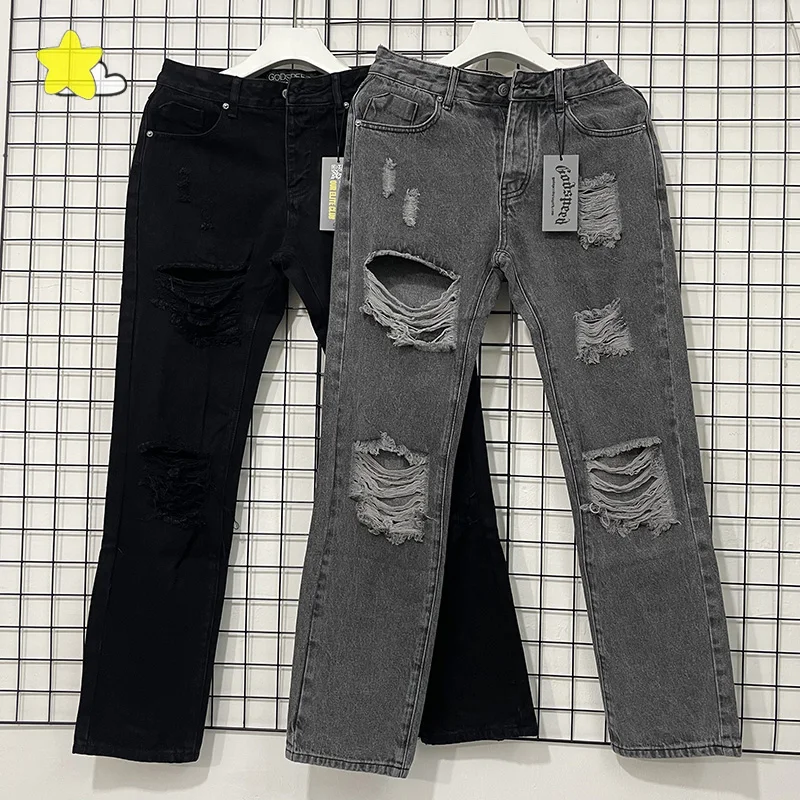

Best Quality Streetwear Vintage Black Gray Damaged Hole God Speed Denim Trousers Men Women Casual Logo Button Godspeed Jeans
