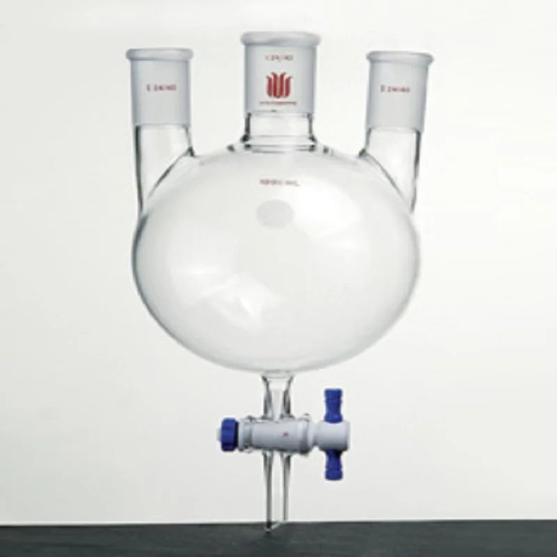 

SYNTHWARE Three necked round bottom flask, With 4mm aperture PTFE valve, Straight type, Borosilicate glass, F42