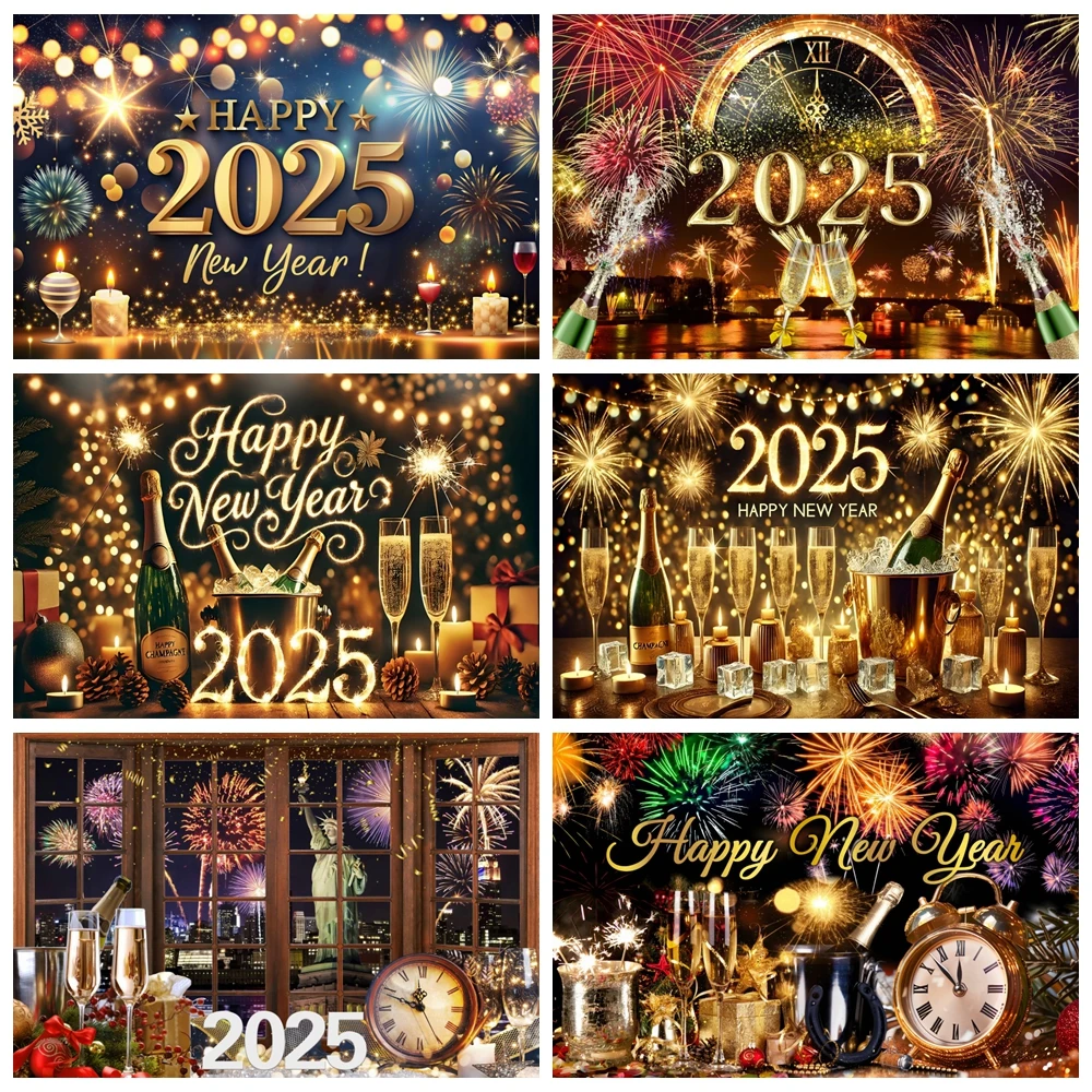 

Happy New Year 2025 Backdrop for Photography Glitter Firework Beer Champagne Clock New Year's Eve Family Party Photo Background