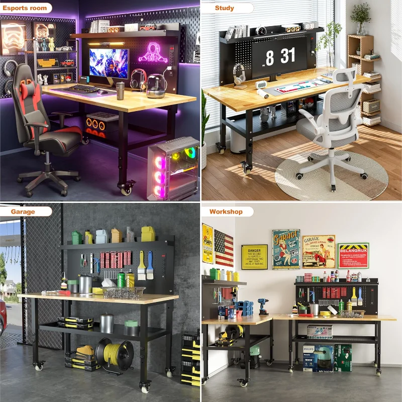 60" Heavy Duty Adjustable Workbench with Large Pegboard& Partition, Adjustable Work Table with Power Outlets & Lockable Wheels