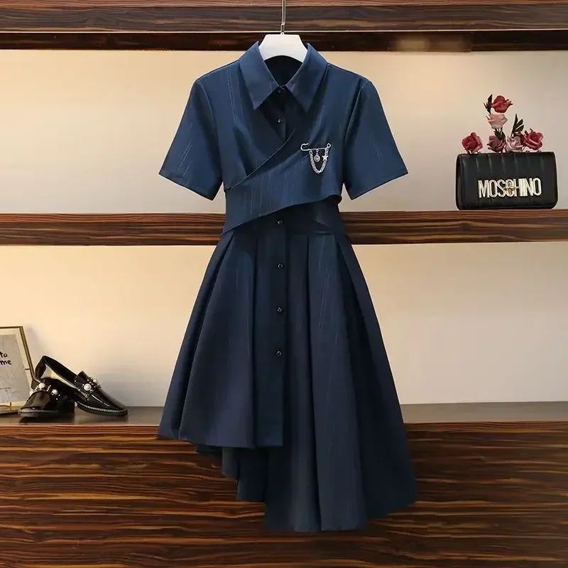 

2024 Summer Preppy Style Bandage Blue Dress Fashion Polo Collar Bowknot Asymmetrical Dresses Student Trendy Streetwear H03