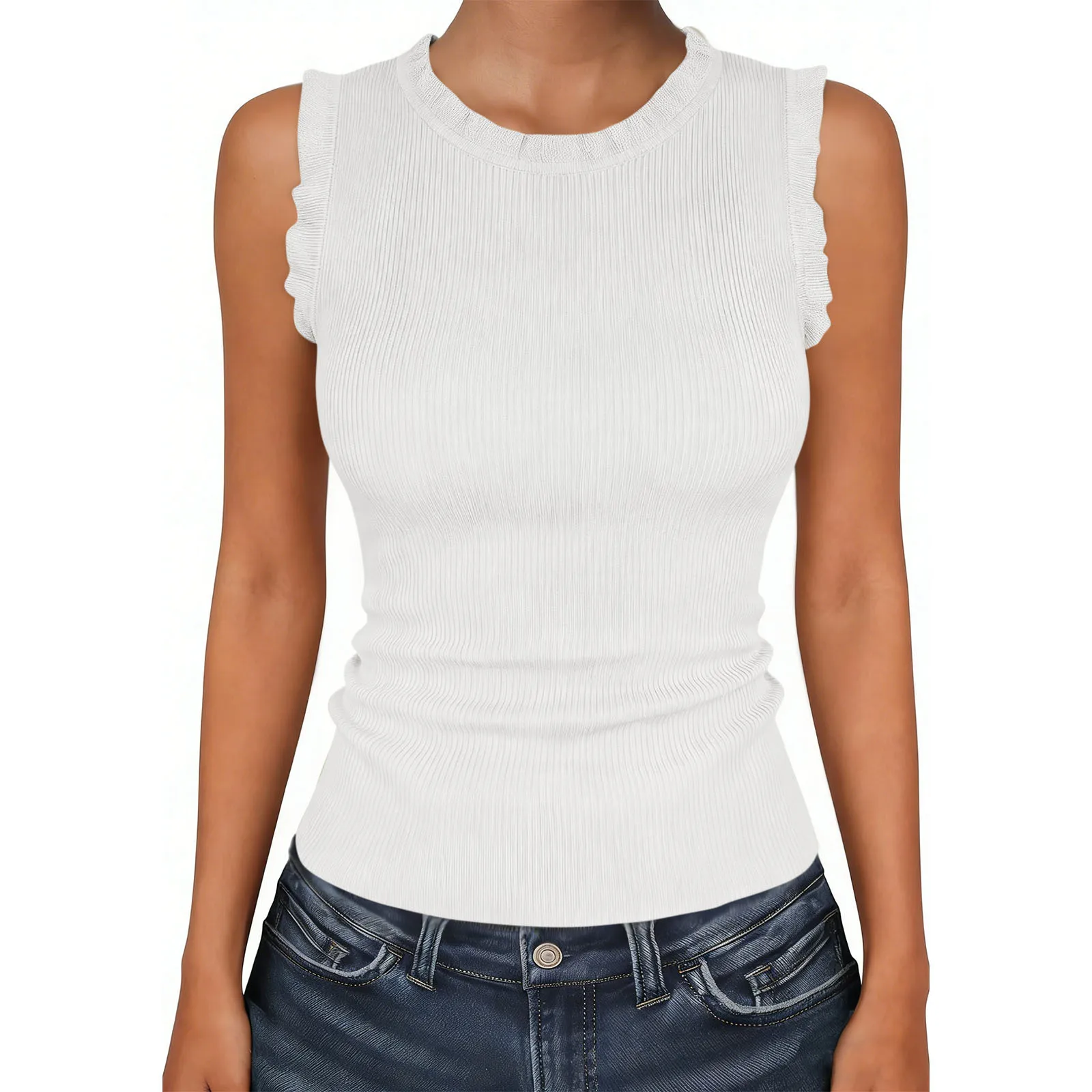 2026 New Women's Knitted Minimalist Style Ribbed Stripes Vest Cross-Border Independent Station Summer Fashion round Neck Tank...