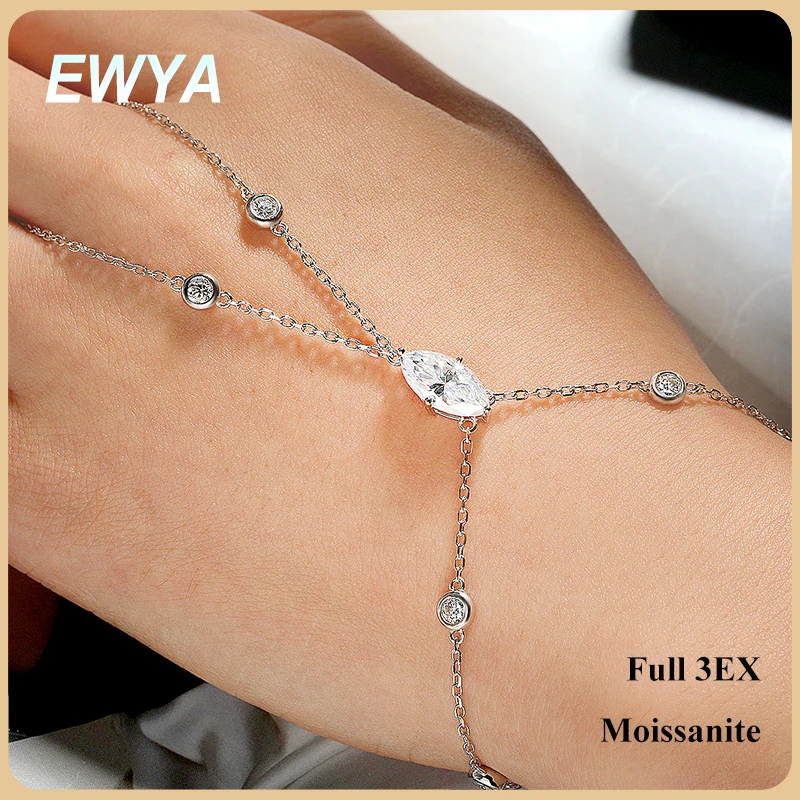 

EWYA 3EX Marquise Cut Moissanite Finger Chain Bracelets for Women 14-20cm Wrist Size Adjustable s925 Silver Hand Jewelry Gift