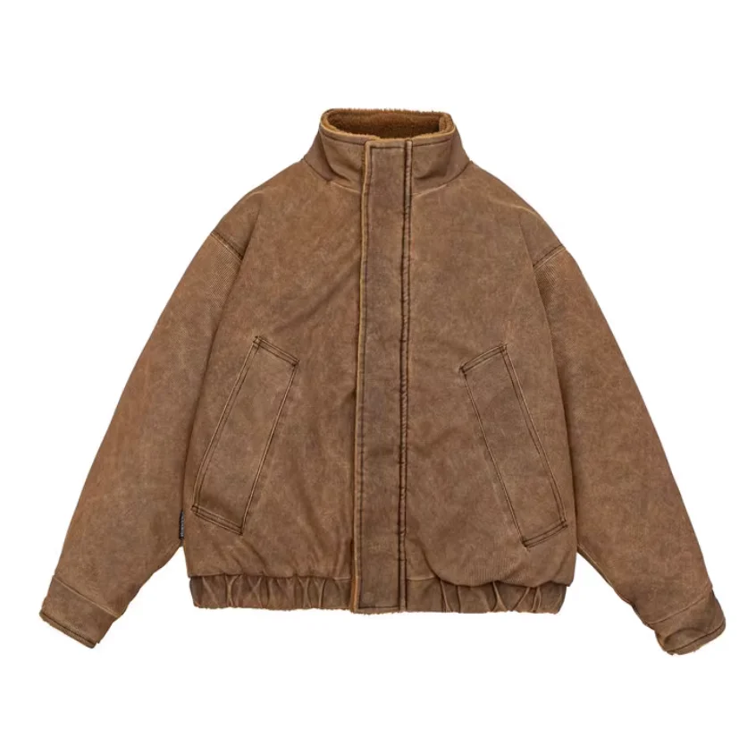 

Winter Retro Lambswool Cotton Short PU-Faced Stand-Up Collar Fleece Jacket