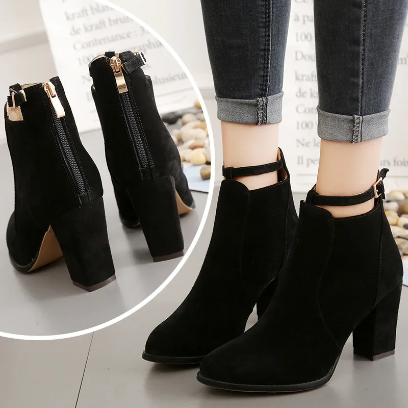 Women Plus Size Ankle Boots Korean Style Chunky Heel Back Zipper High Heels Solid Color Leisure Comfort Shoes Botas Femininas