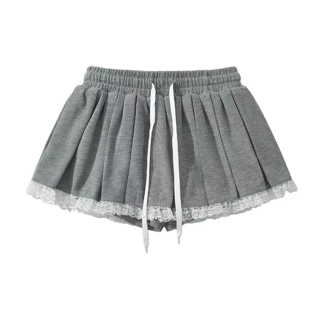 2024 American Retro Gray Rib Knitting Hooded Sweatshirt Elastic Low Waist Spliced Lace Hem Mini Pleated Skirt Women Matching Set