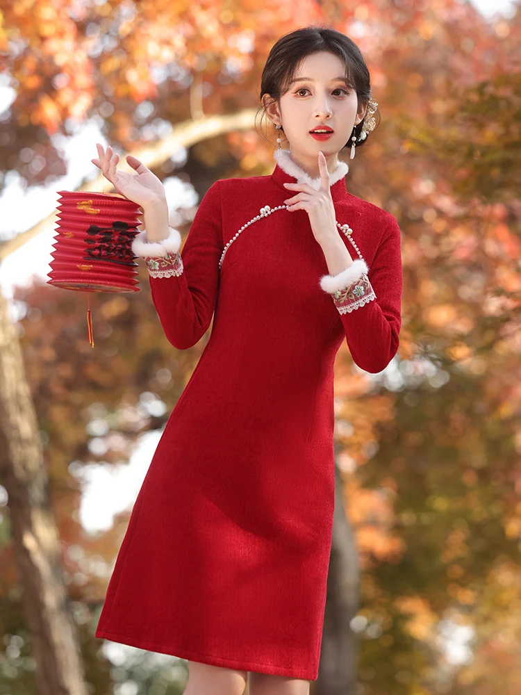 

Thiened Long Sve Flag Dr Winter New Sle Korean Retro Sle Girls Dr Fce Lined Traditional Chinese Costume