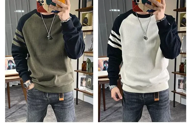New Men's Long Sleeved Round Neck Pullover Casual Base Sweater with Vertical Stripe Splicing Contrasting Color Sweatshirt XJ170