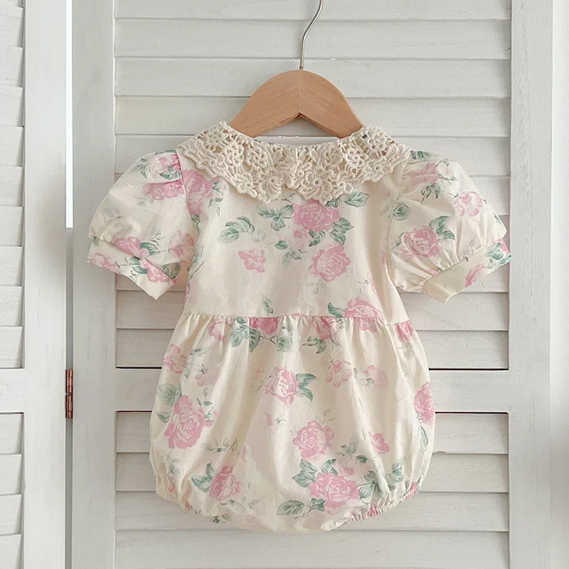 Body d'été pour bébés filles, manches courtes, en coton imprimé, épissure de dentelle, combinaison pour bébés en bas âge, vêtements pour enfants, nouvelle collection 2025