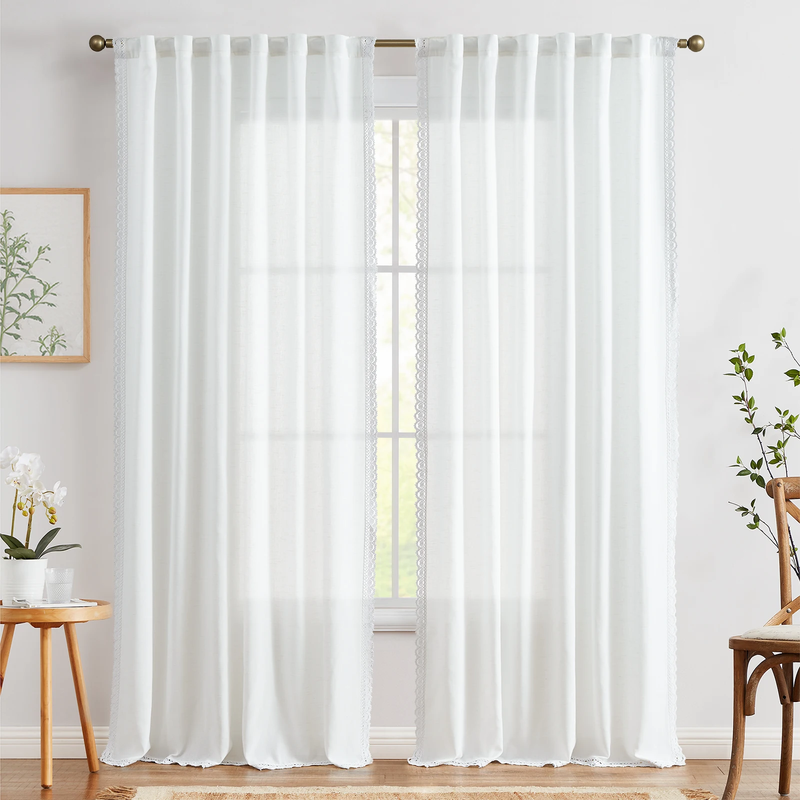 JINCHAN 2 Panel White Linen Curtains Curtains with Lace Trim for Living Room Extra Long Back Tab Light Filtering Curtains