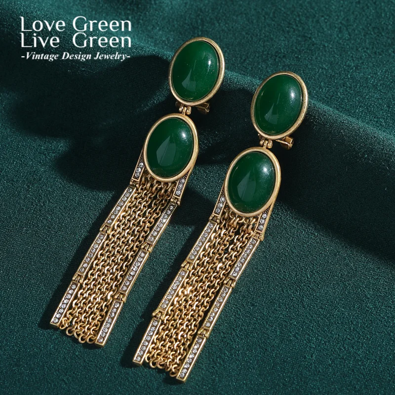 

Antique Natural Green Stone Oval Drop Earrings Long Gold Color Tassel Chain Women Retro Style Vintage Luxury Quality Jewelry