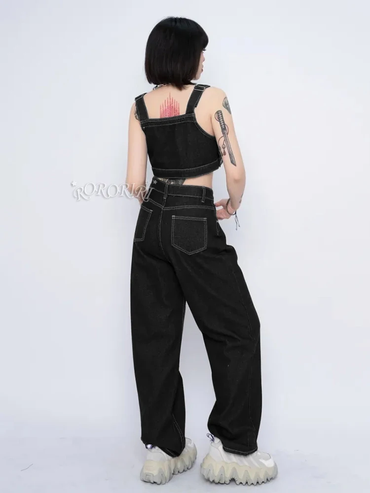 RORORIRI Women White Seamed Top Pants Denim Suit Casual Solid Adjustable Straps Bib Pocket Vest Straight Baggy Jeans Streetwear