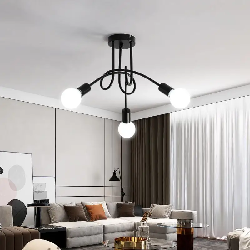 Nordic Modern Creative Black Ceiling Light for Living Room Bedroom Black Metal Chandelier 3-Light E27 Retro Ceiling Lamps