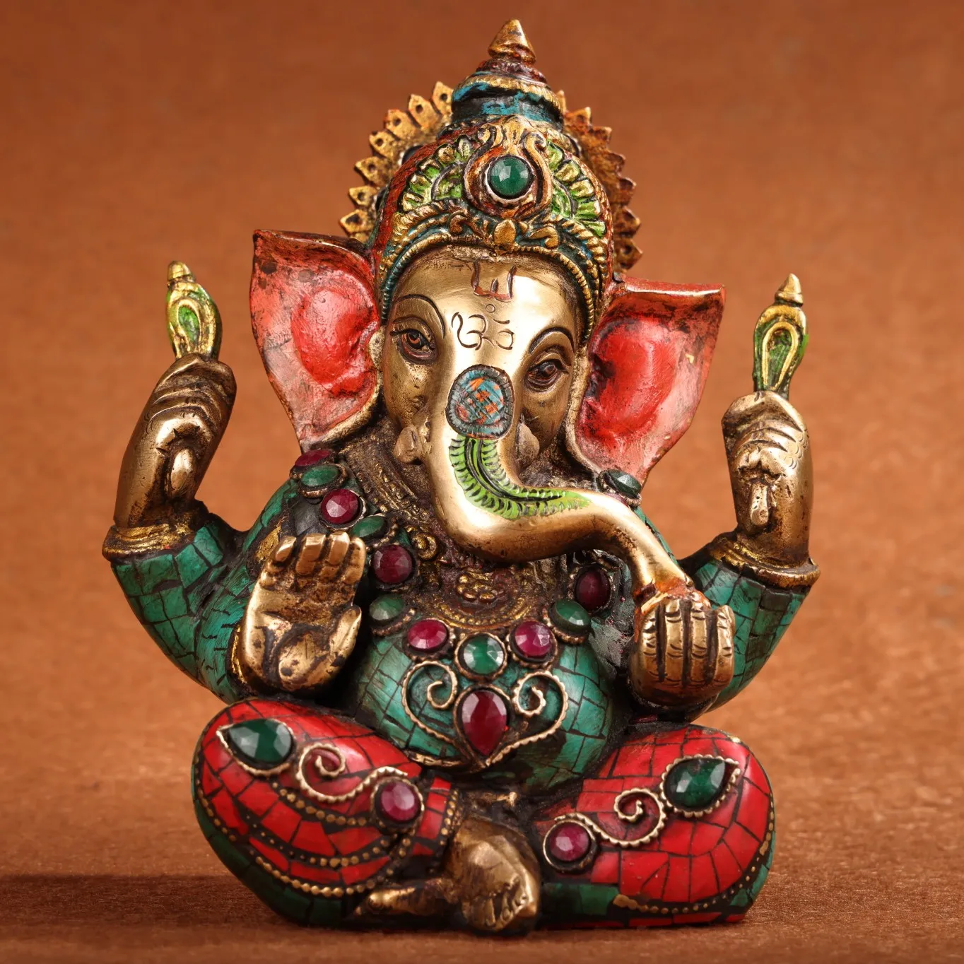 

5"Tibetan Temple Collection Old Bronze Outline in gold Mosaic Gem Turquoise Ganesha Elephant Sitting Buddha Worship Hall