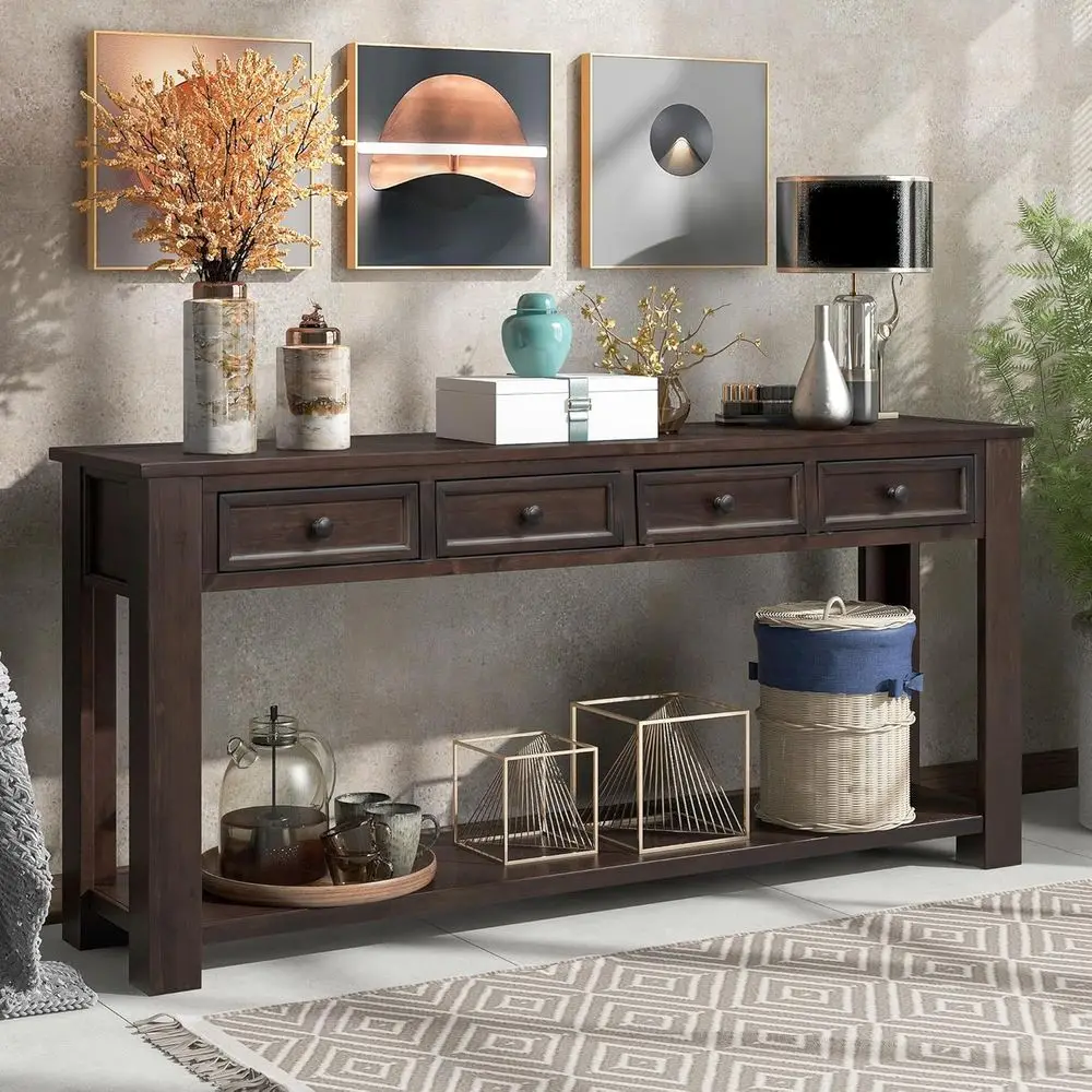 

Entryway Console Table with 4 Drawers, Sofa Back Long Sofa Table with Shelves, 63 Hallway Console Table